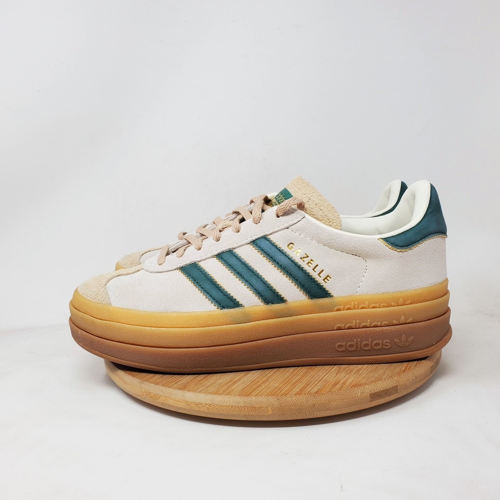 adidas Gazelle Bold Shoes Womens 7.5 Tan Green Leather Chunky Platform Sneaker